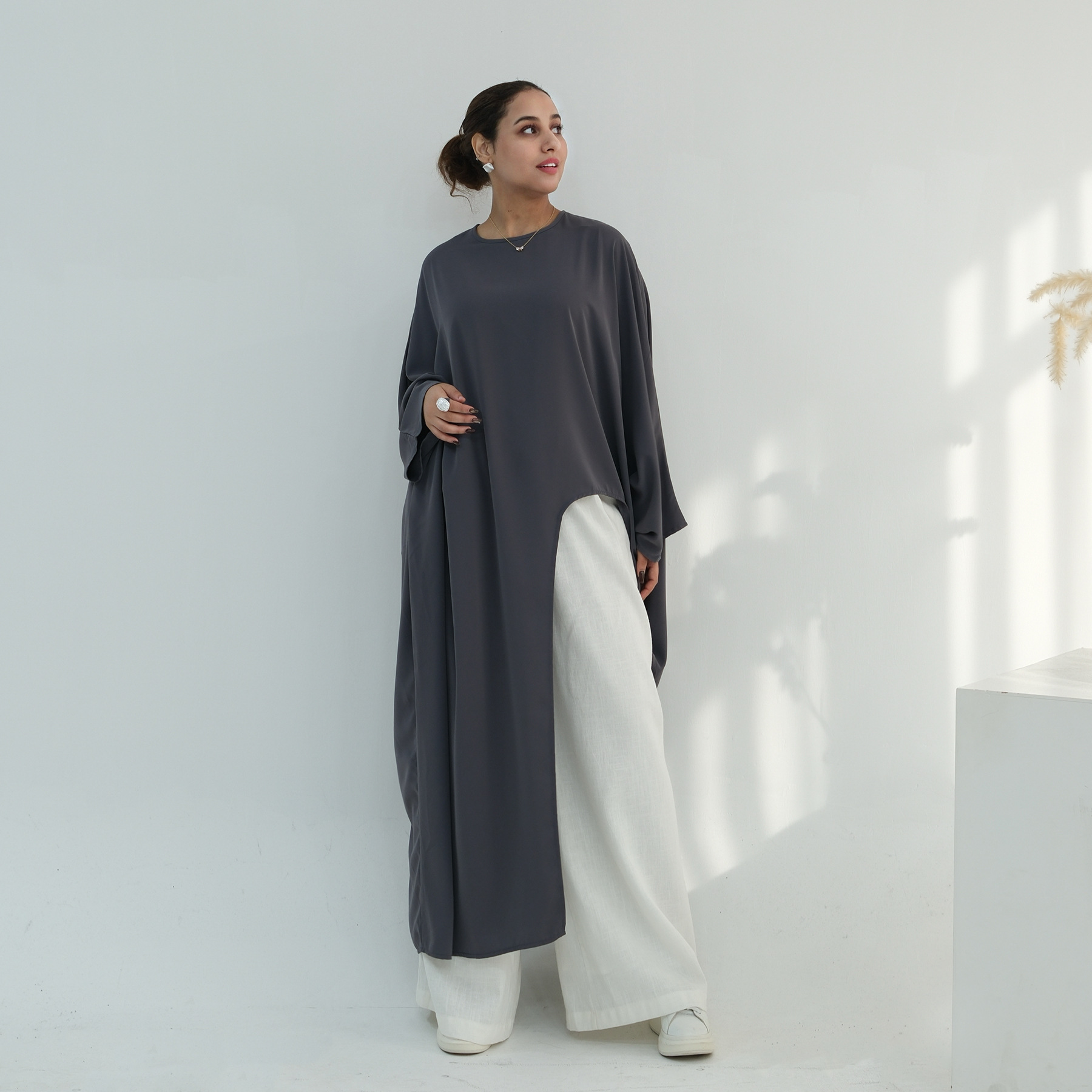 Voya Women's Oversized Modest Robe - Loose Fit Asymmetric Top With Crew Neck, Solid Color Longline Cardigan, Casual Loungewear, Elegant Daily Wear,_ecoleips.com