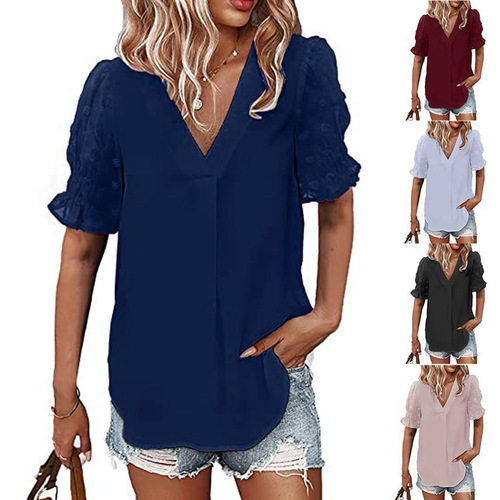 European and American Women's V-Neck Chiffon Shirt with Pom-Pom Detail, Short-Sleeve Casual Loose-Fit Top for Women