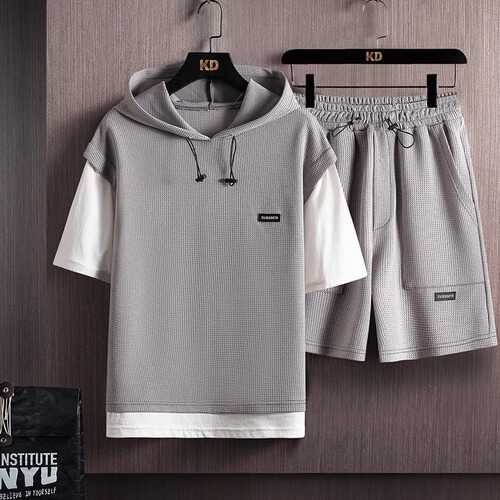 Men's Loose Plus Size Honeycomb Short Sleeve Suit Set, Summer Trend Brand Pseudo Two-Piece Hooded T-Shirt, Complete Set for Men