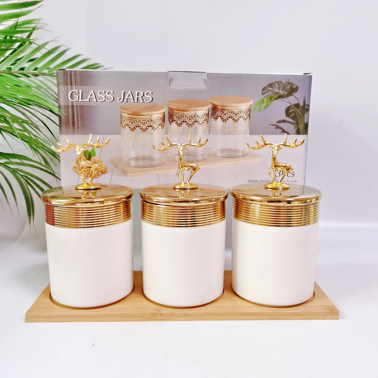 Nueva galvanoplastia cerámica sellada jarra de almacenamiento de cocina jarra de almacenamiento multi-grano con madera condimento tarro café tarro traje