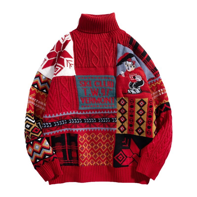 2024 otoño y invierno Harajuku estilo de color medio cuello camiseta de punto hombre marca de moda retro suéter de pareja flojo