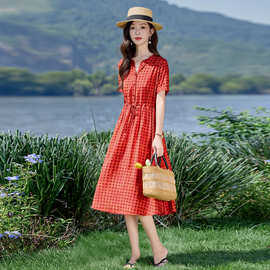 时尚连衣裙2025夏季新款女装波点红色系带气质收腰V领裙子 LB2866