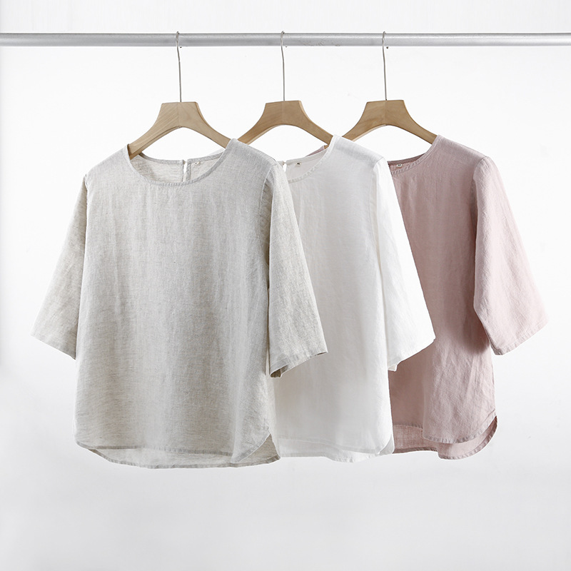 Pure Hemp Sand-Washed Mid-Sleeve T-Shirt for Women, Summer Loose Fit, Simple and Artistic, Breathable, Flattering, Slimming Top, Casual Wear Pure Hemp Sand-Washed Mid-Sleeve T-Shirt for Women, Summer Loose Fit, Simple and Artistic, Breathable, Flattering, Slimming Top, Casual Wear