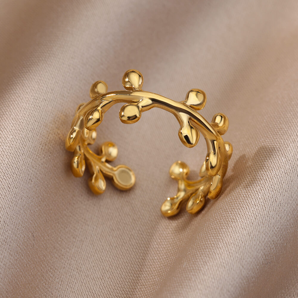 5g Weight 0.03µm-0.05µm Gold Plating Thickness PVD Coated Real Gold Plated Leaf Stainless Steel Fashion Waterproof Non Tarnish Open Ring