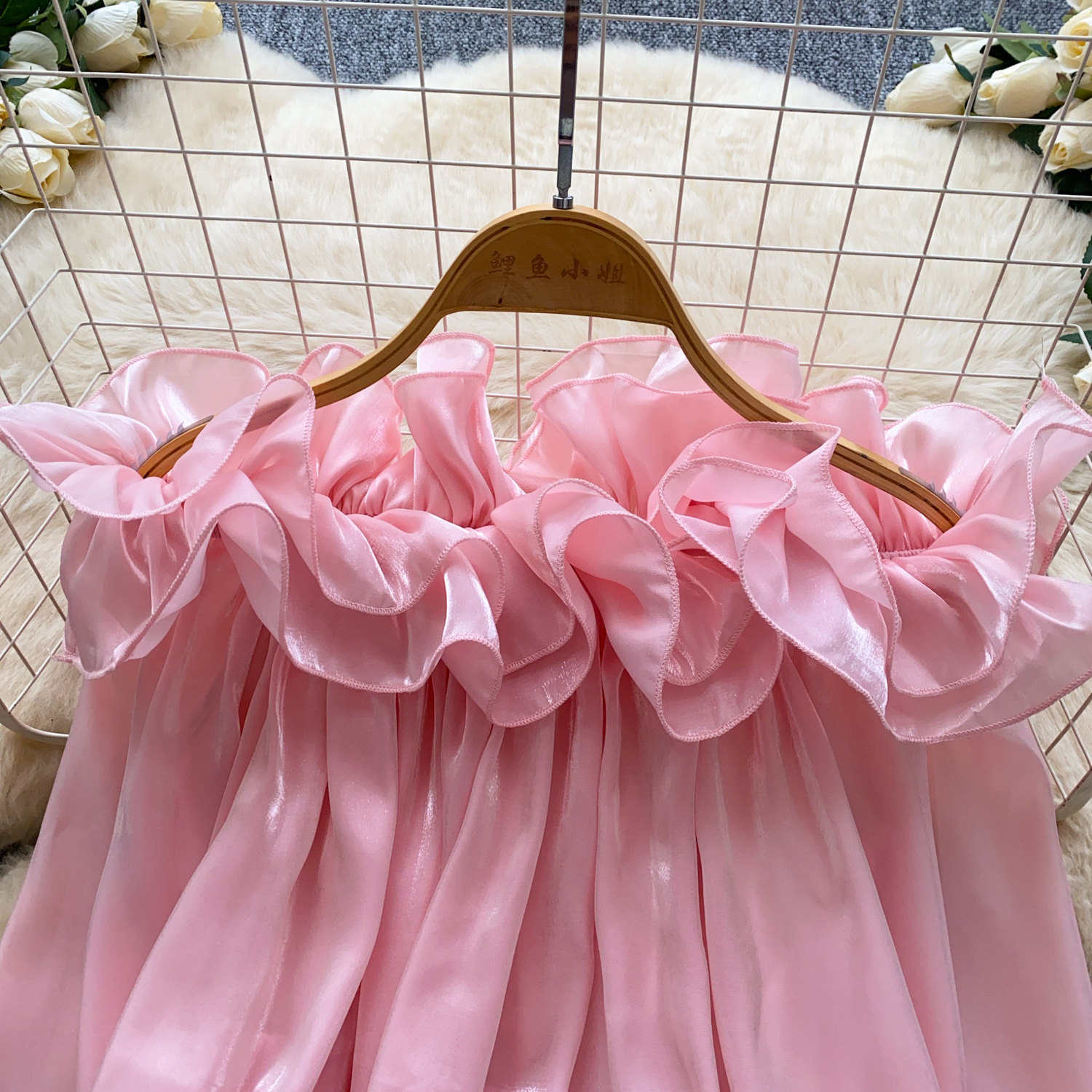 Sweet Off-Shoulder Chiffon Blouse Ruffled Trim Korean Style Long Sleeves Loose Fit Slimming Pink Elegant Top for Summer Women's Clothing_ecoleips.com