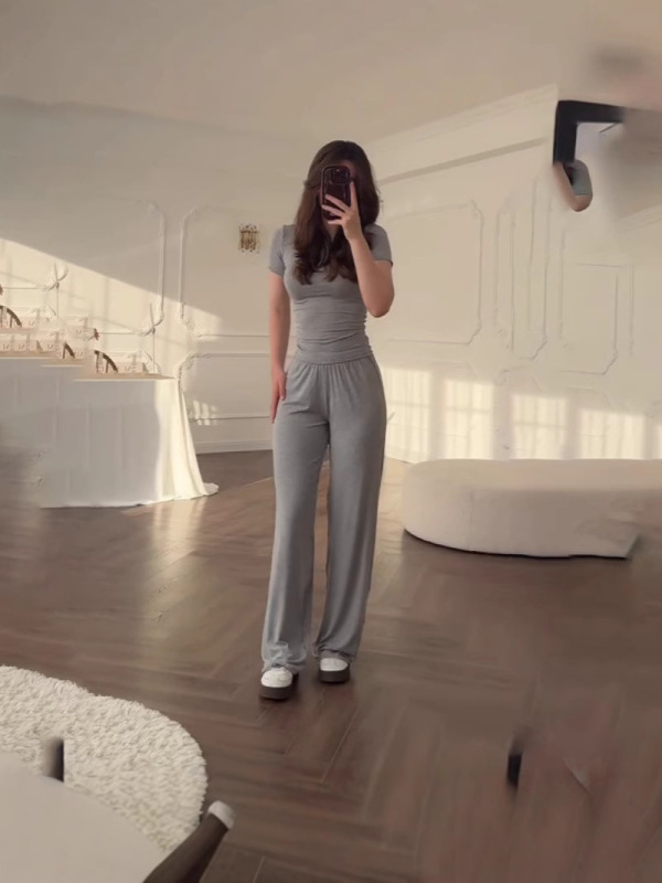 2025 ヨーロッパとアメリカのクロスボーダー婦人服新しいラウンドネックスリムカジュアル多用途ルーズストレッチワイドレッグパンツファッションスーツ|undefined