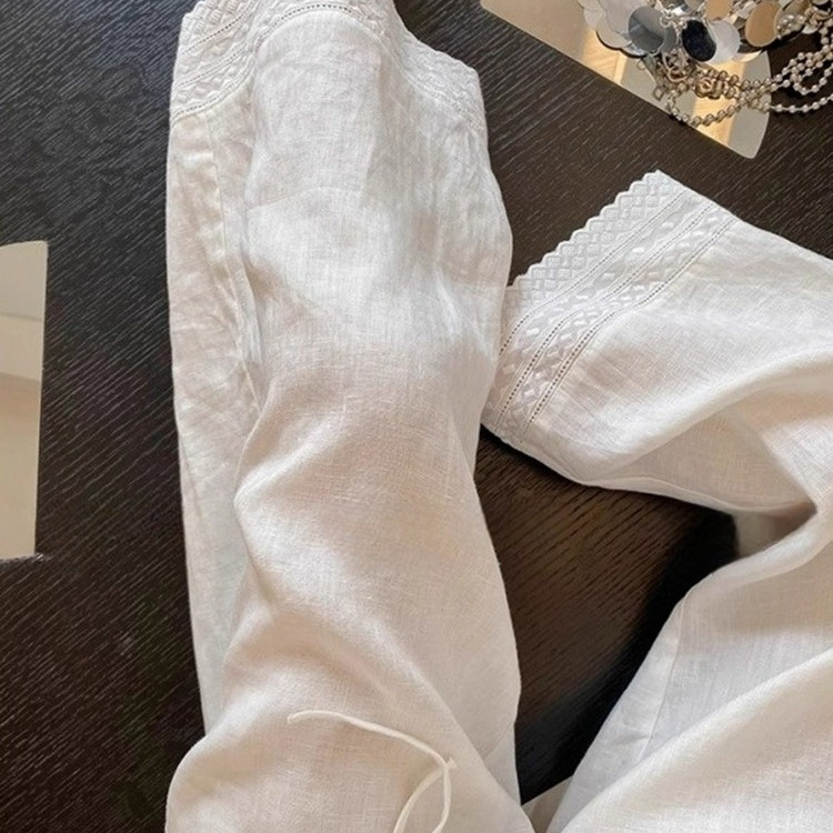 Stunning Lace-Trimmed White Linen Wide-Leg Pants for Women, Summer Style, Slimming Straight-Leg Casual Cotton-Linen Pants Stunning Lace-Trimmed White Linen Wide-Leg Pants for Women, Summer Style, Slimming Straight-Leg Casual Cotton-Linen Pants
