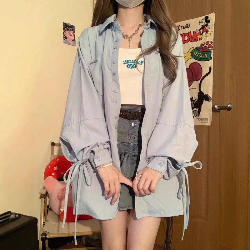 Design Sense Niche Strap Long Sleeve Shirt Women's Early Autumn Loose Casual All-match Couple's College Style Shirt Thin Jacket