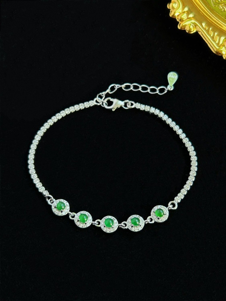 Vòng tay đá ngọc bích tự nhiên A hàng băng chủng mặt trứng cắt S925 bạc xi mạ vàng họa tiết hồ lô chi tiết 43