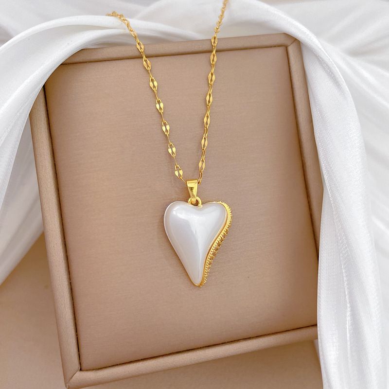 Collana elegante a cuore con perla e diamanti in acciaio_voghion.com