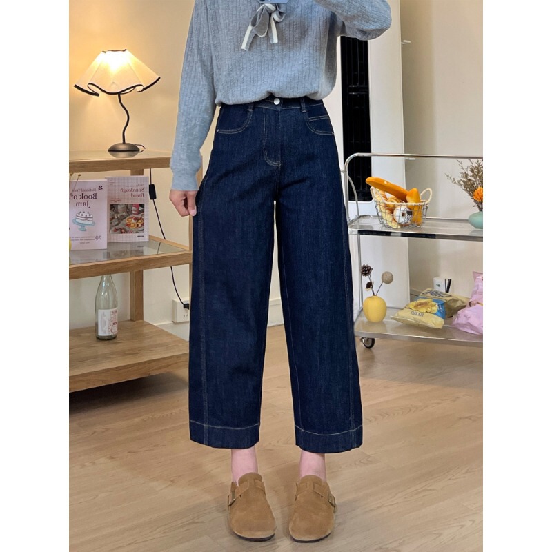 Dark Blue Cropped Straight-Leg Jeans for Women, 2026 New Summer Style, Plus-Size, High-Waisted, Slimming, Stretchy Cigarette Pants