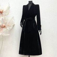 冬季加棉加厚方格丝绒超长款大方领风衣外套女字摆黑色大衣