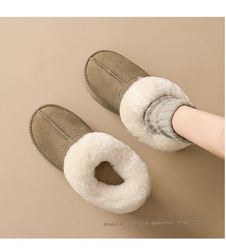 Novos sapatos de algodão quente com sola grossa e lã e botas de cano curto de couro e lã grossa_voghion.com