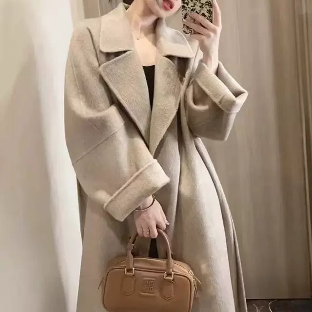 【西西里】浴袍款式双面羊毛大衣系带宽松长款加厚保暖毛呢外套女
