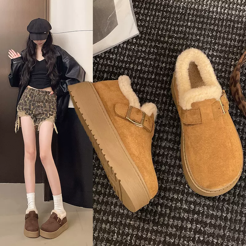 勃肯加绒厚底雪靴鞋女冬季新款新款绒保暖毛毛乐福鞋雪地新品棉鞋