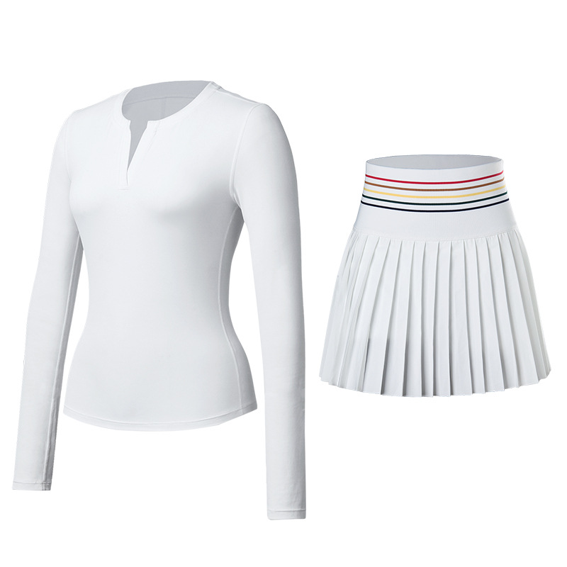 Trajes deportivos de otoño y invierno ropa de tenis ropa de yoga cuello V mangas largas anti-luz falda de tenis para correr camisetas deportivas