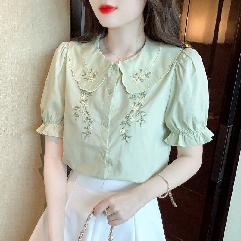 Baby Doll Collar Embroidered Pure Cotton Shirt for Women, Stylish All-Cotton 2026 Summer New Fashion Loose and Fresh Top