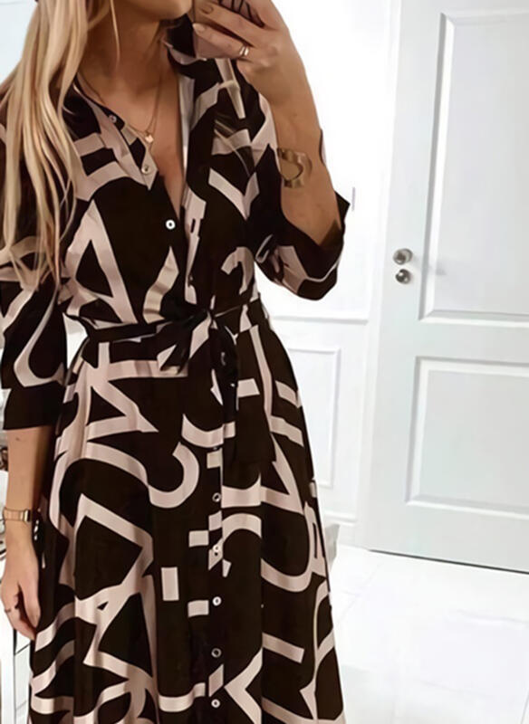 Women's A-line Skirt Fashion V Neck Printing Long Sleeve Printing Maxi Long Dress Daily display picture 1