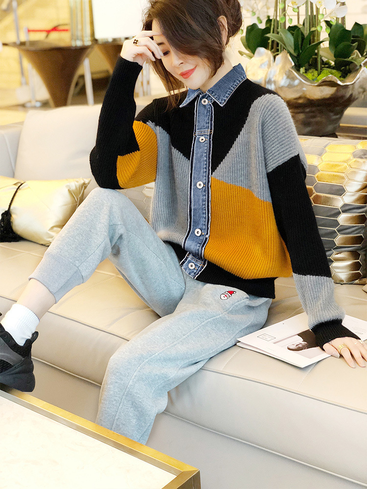 Women's Clothing 2023 autumn new version long sleeved lapel color matching two piece cardigan women's jacket denim_voghion.com