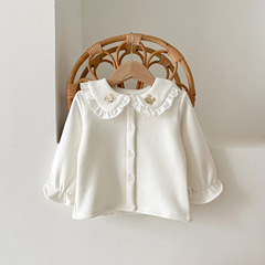 棉冬裝新款女童加絨韓版襯衫白色翻領可愛卡通長袖寶寶襯衣外套