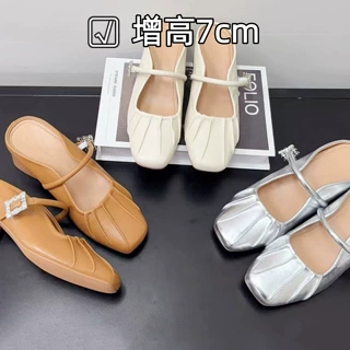 不累脚~真皮内增高7CM小个子玛丽珍鞋女法式粗跟浅口褶皱通勤单鞋