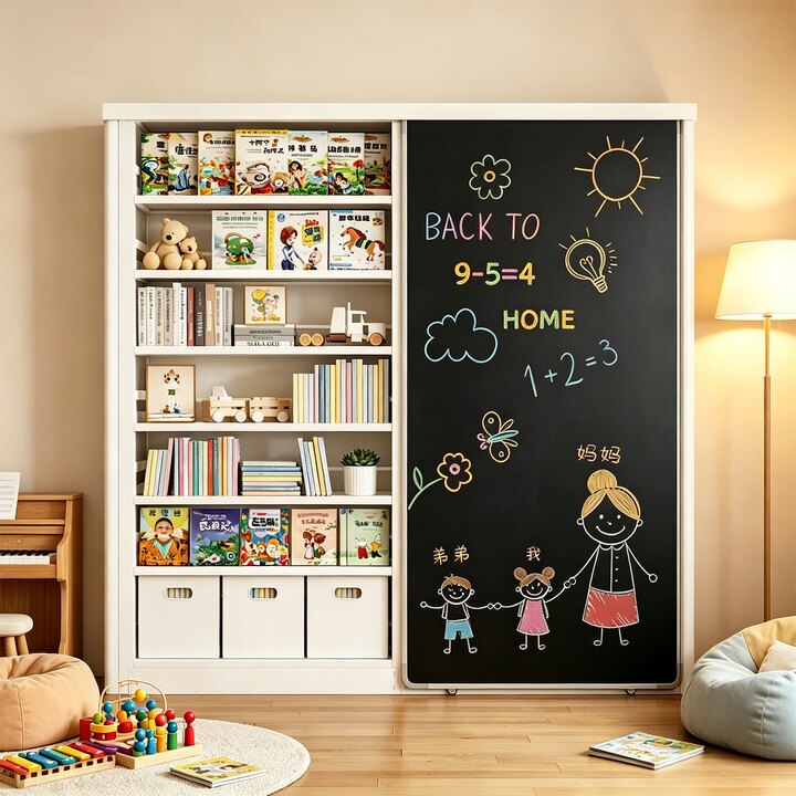 30cm wide steel home bookshelf with blackboard, multi-layer storage rack for children's picture books, sliding door bookcase for living room and bedroom
