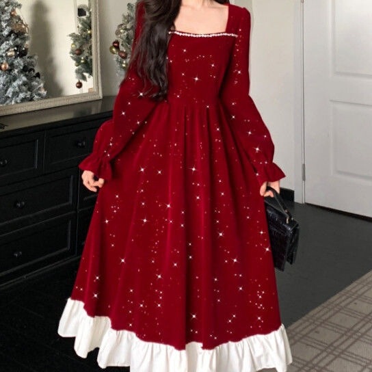 Plus Size Christmas Annual Party Evening Dress Long-Sleeved Velvet Dress for Women Autumn and Winter Fat mm High-End Mid-Length Tutu Skirt