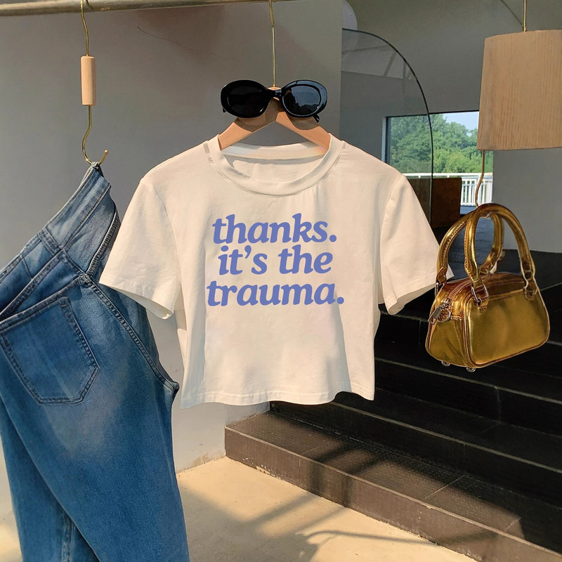 Cross-Border Export Summer New Women's Short-Sleeved Tops with Simple Letter Patterns Digital Printing Navel-Baring Short-Sleeved T-Shirts Cross-Border Export Summer New Women's Short-Sleeved Tops with Simple Letter Patterns Digital Printing Navel-Baring Short-Sleeved T-Shirts
