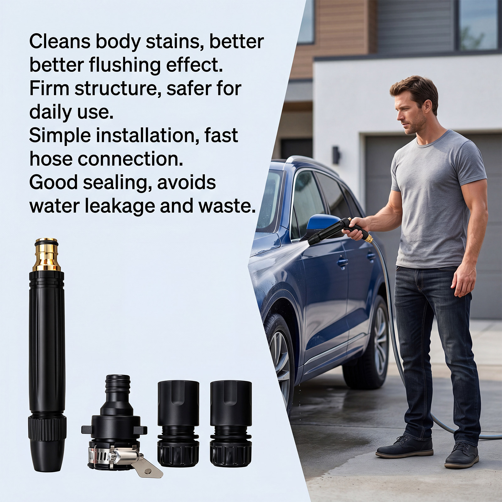 High-pressure car wash gun: features adjustable, rotating nozzles that allow for various spray patterns, providing a powerful water stream to effectively wash and clean dirt from the car body