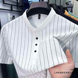 2026夏季新款清凉短袖男士立领T恤中青年条纹潮流上衣男自由搭配