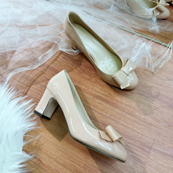 in stock 2025 New Spring and Autumn All-match Bow High-heeled Shallow Mouth Elegant Sweet Single-layer Shoes Mid-heel Work Shoes