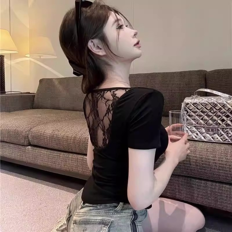 Beautiful Girl Style Design Lace Patchwork Backless Short-Sleeve T-Shirt for Women, Versatile and Slimming Backless T-Shirt Trending Beautiful Girl Style Design Lace Patchwork Backless Short-Sleeve T-Shirt for Women, Versatile and Slimming Backless T-Shirt Trending