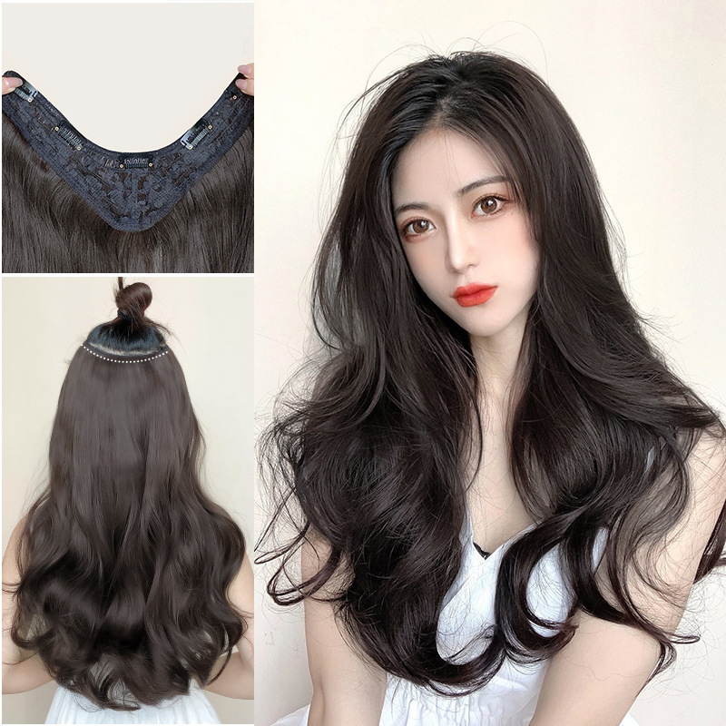 Wig Piece for Women with Long Hair, One-Piece Seamless Long Curly Hair Wig Patch, Fluffy Big Wave V-Shaped Hair Extension Piece, Invisible