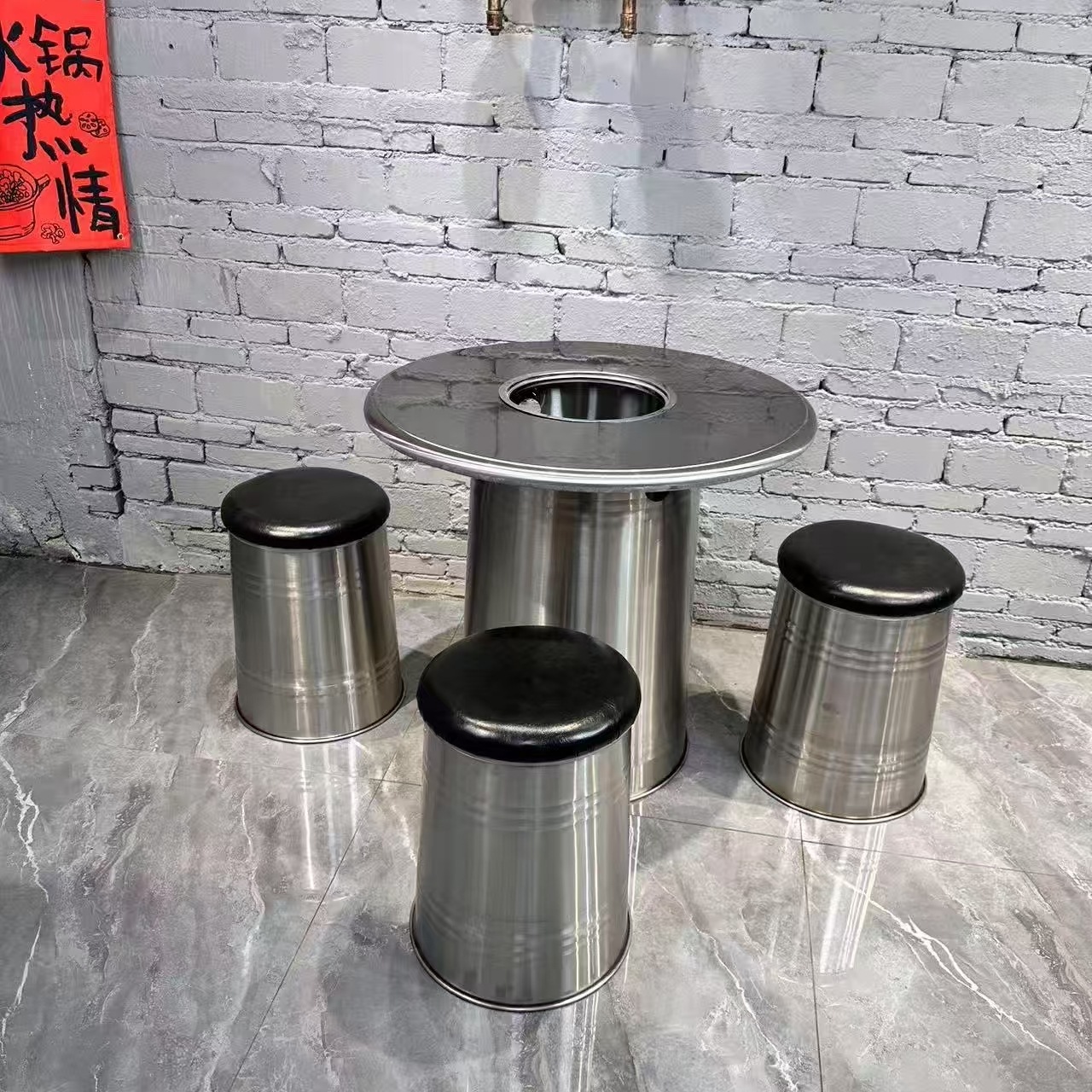 Stainless Steel Outdoor Barbecue Table Industrial Korean Barbecue Hot Pot Restaurant Commercial Dining Table Oil Barrel Induction Cooker Table Customization