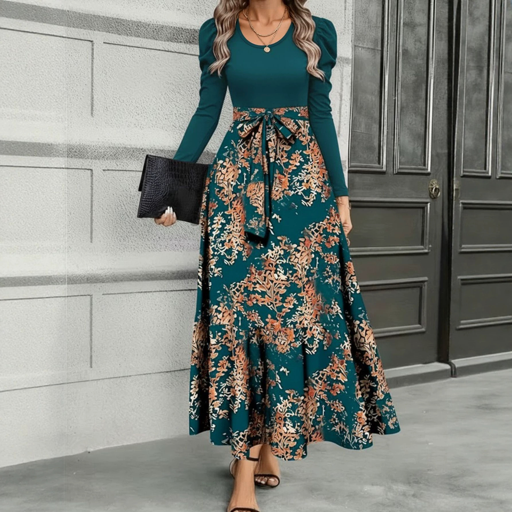 Plus-Size Vintage Floral Patchwork Long-Sleeve Round-Neck Puff Sleeve Waist-Cinching Tie Slimming Dress for Women