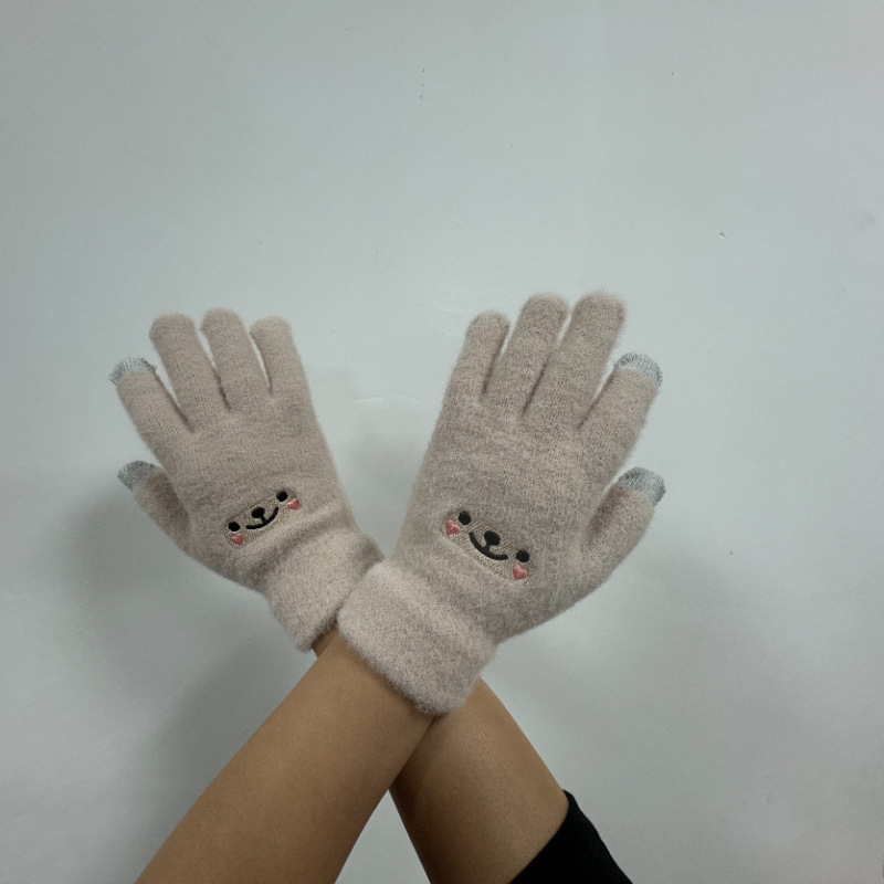 冬季卡通笑脸手套批发学生可爱加绒加厚保暖手套骑行触屏五指手套|undefined