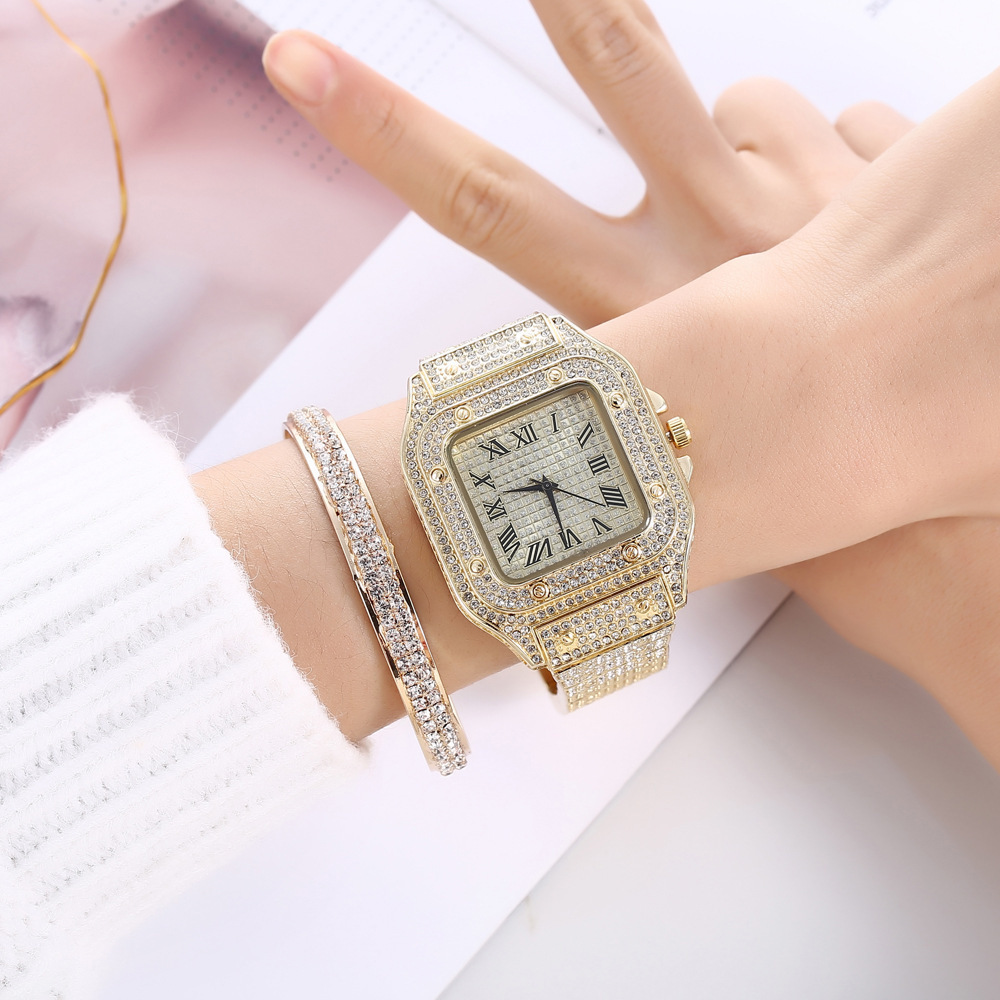 Casual trend personality square large dial full diamond steel belt quartz watch + bracelet (2pcs/set)_voghion.com