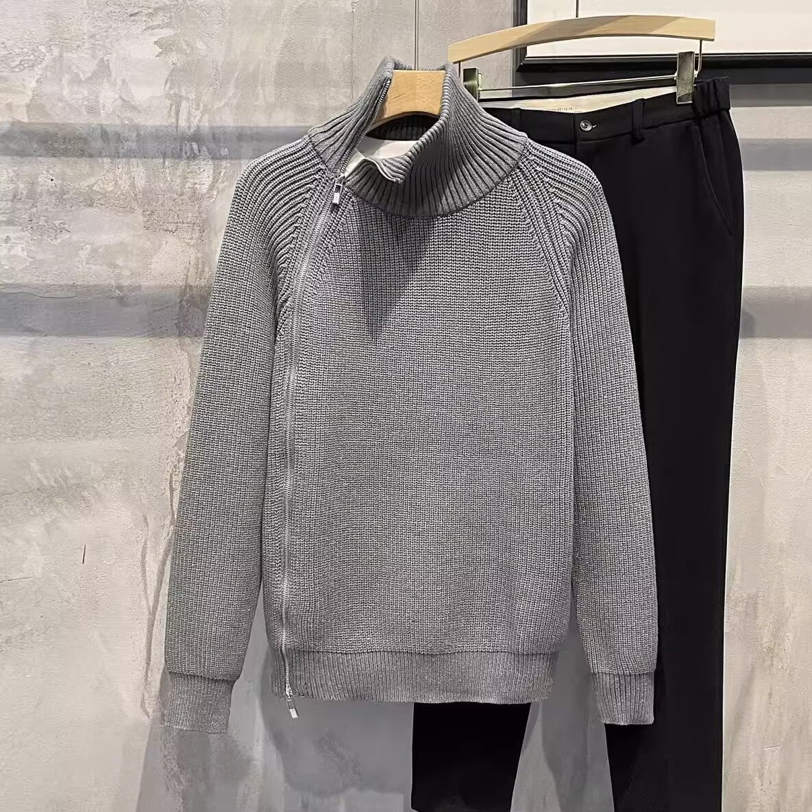 Cuello medio alto prueba de personalidad con cremallera camiseta de punto suéter hombre viejo estilo de negocios otoño invierno suéter de tendencia fábrica transfronteriza al por mayor image 7