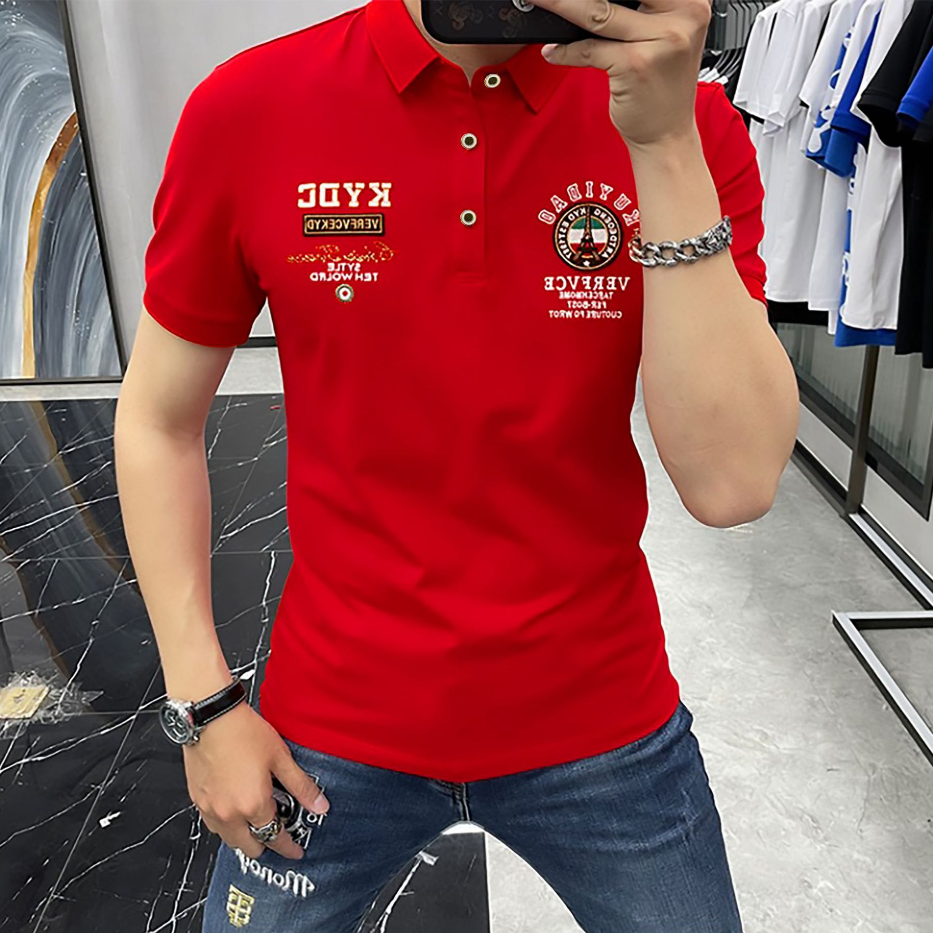 Summer New High-End Heavy Embroidery Men's Short-Sleeve Polo Shirt with a Stylish and Versatile Collar, Trendy Men's Business Wear