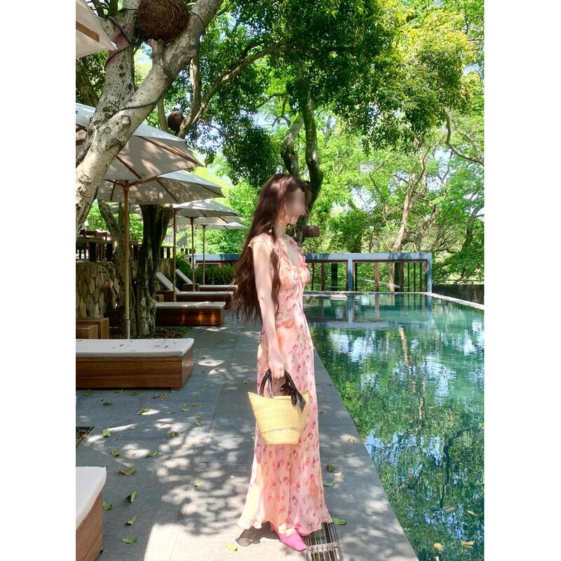 French Resort Style Waist-Cinching Pink Floral Suspender High-End Design Dress Women's Summer Sleeveless Long Skirt