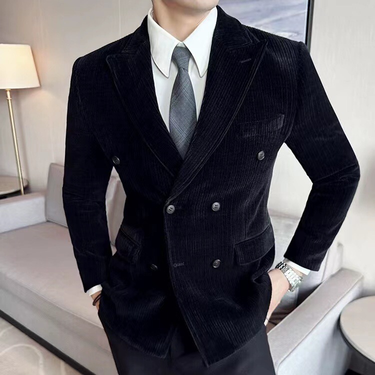 New autumn corduroy striped suit men's slim fit polo collar double breasted suit casual business jacket men New autumn corduroy striped suit men's slim fit polo collar double breasted suit casual business jacket men
