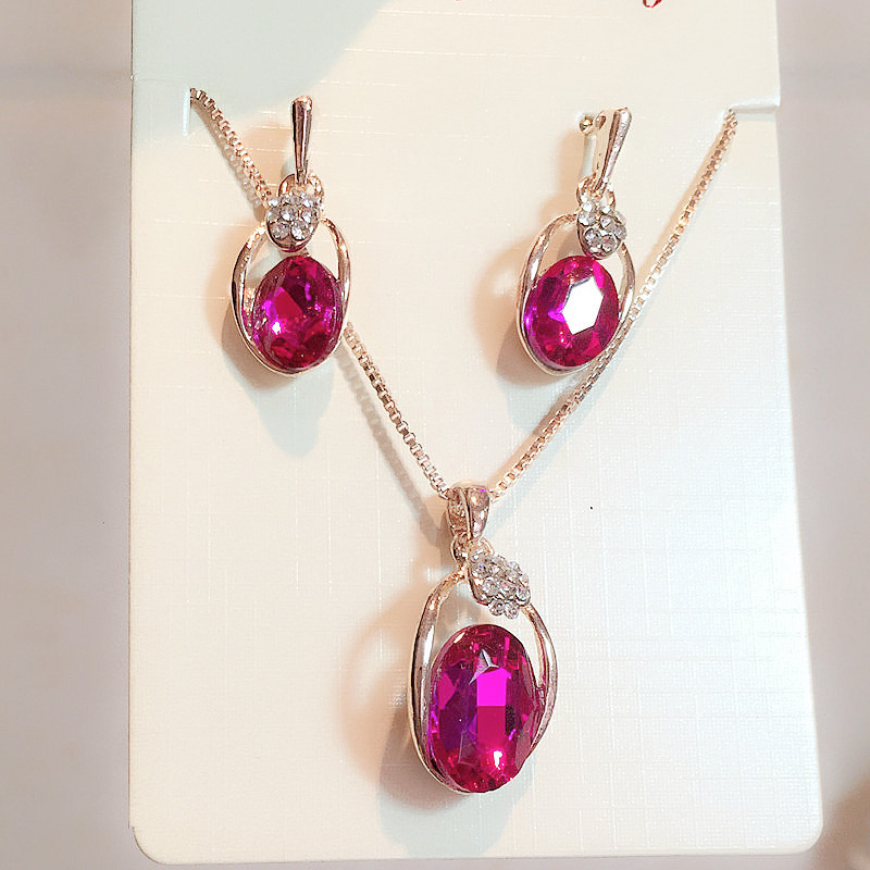 欧美新款红宝石水晶锆石耳环项链套装 首饰耳钉二件套 义乌小饰品