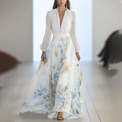 2025年ヨーロッパとアメリカの貿易夏婦人服アマゾン独立ステーションデジタルプリント長袖Vネックスプライシングドレス女性用