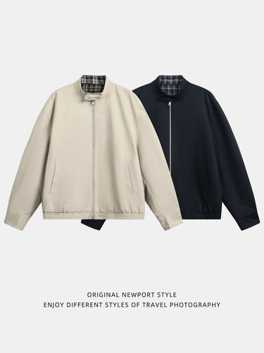 Double-sided retro checked Harrington work jacket autumn fashion brand loose stand-collar American silhouette coat q