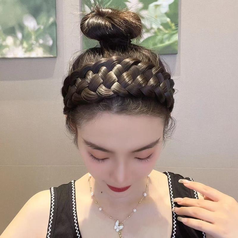 Banda de Pelo trenzado de torsión ensanchada peluca diadema femenina pelo artificial antideslizante banda de pelo trenzado de cinco hilos engrosada trenza de espina de pescado de ala ancha