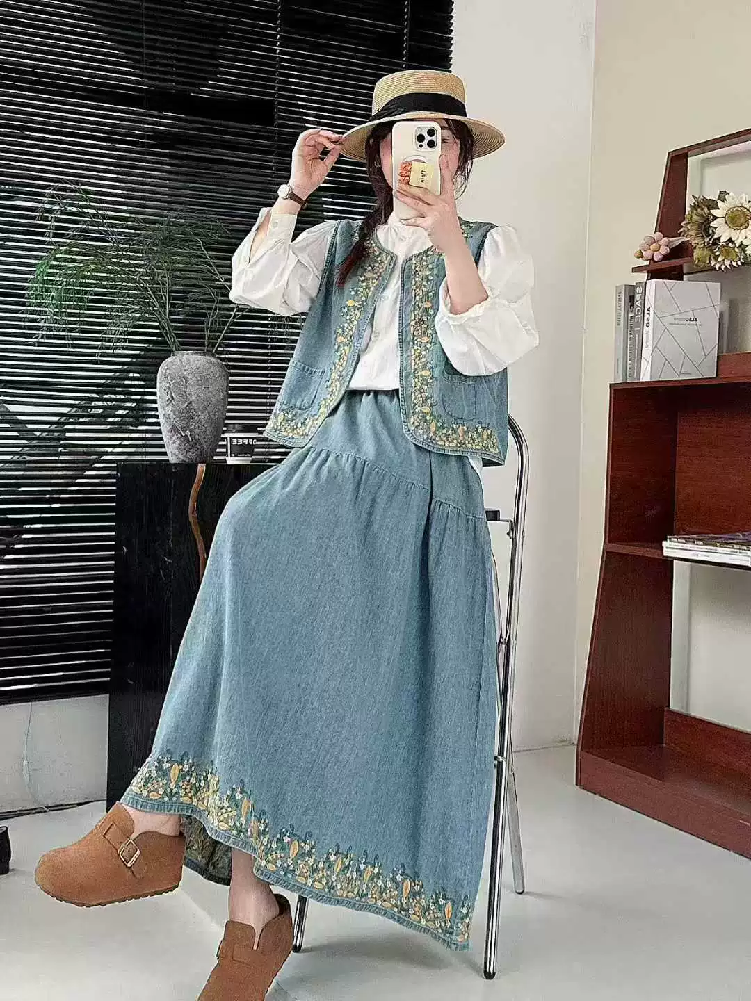Осенний ретро деним комплект, кардиган с круглым воротником, рубашка, простой и элегантный дизайн, с вышивкой, oversize