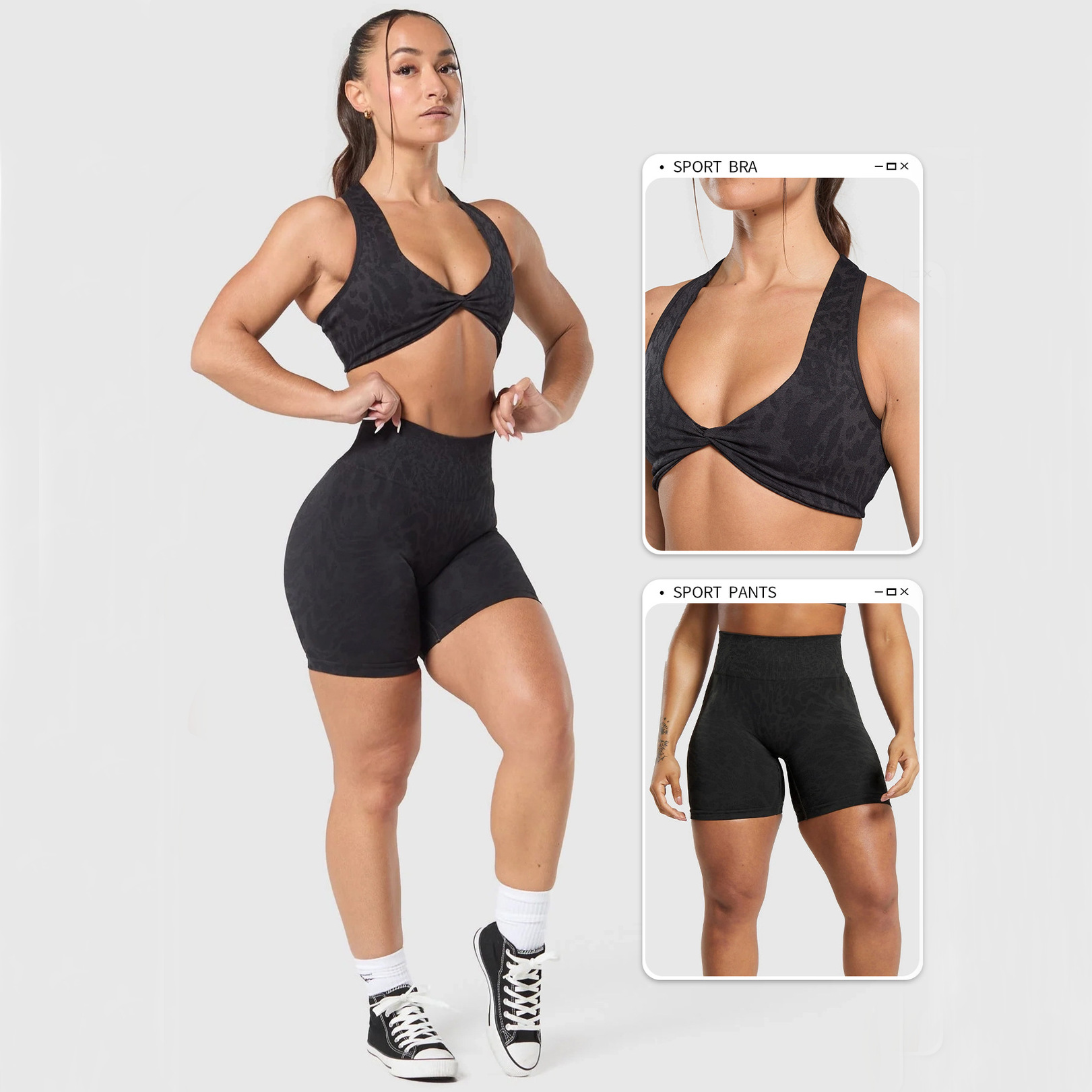 清仓鲨鱼同款豹纹无缝瑜伽裤跑步健身短裤户外扭结美背瑜伽文胸女