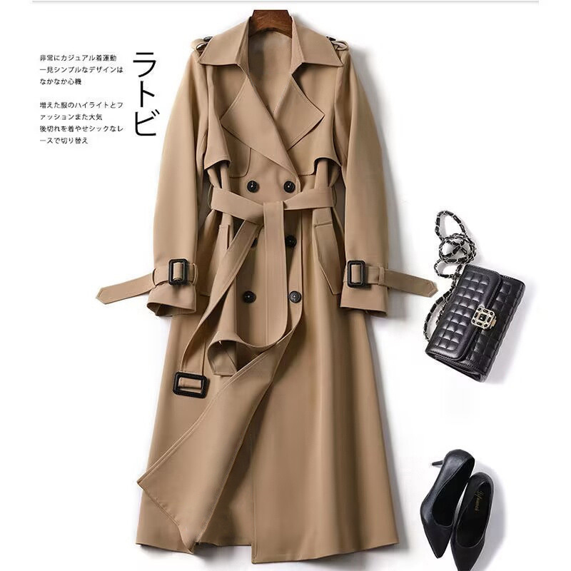 Double-Breasted Trench Coat for Women, 2026 Spring, Elegant Commuter Style, Korean Version, Petite, Trendy British Style, Long Coat