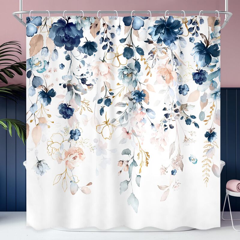 Cross-Border Shower Curtain with Cute Watercolor Navy Blue Floral Pattern Digital Printing for Bathroom, Waterproof and Mildew-Proof Partition Curtain