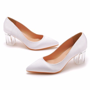 Crystal Square Heeled Clear Heeled Pointed Shoes Dance Party Bridal Dress Shoes Foreign Trade Satin Silk Dress Long Dress Shoes